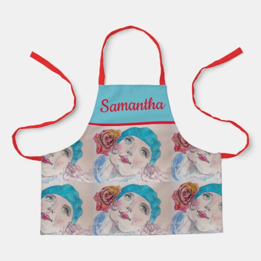 Meisje met rode rozenWaterverf Beret Blauwgroen ro Schort (Voorkant)