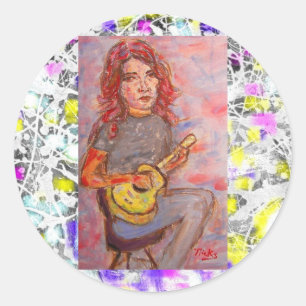 meisje met rood haar en ukulele druppel ronde sticker