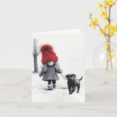 Meisje met rood Pet en puppy Kaart (Gele Bloem)