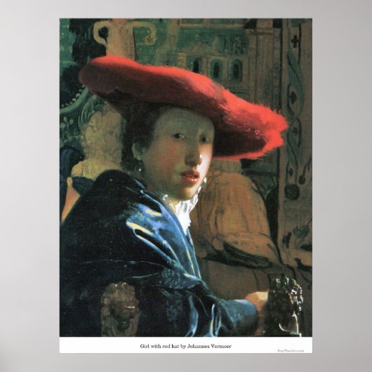 Meisje met rood pet van Johannes Vermeer Poster (Voorkant)
