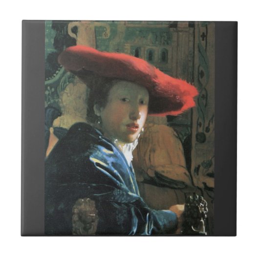 Meisje met rood pet van Johannes Vermeer Tegeltje (Voorkant)