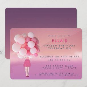 Meisje met roze ballonnen   partijuitnodiging kaart