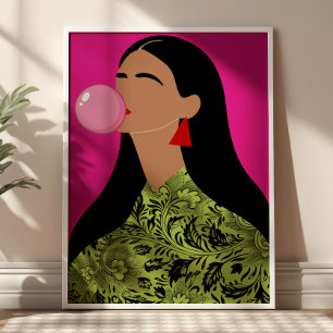 Meisje met roze bubblegum illustratie funky kunst  poster