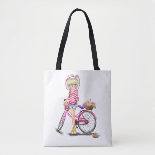 Meisje met roze fiets Canvas tas (Voorkant)