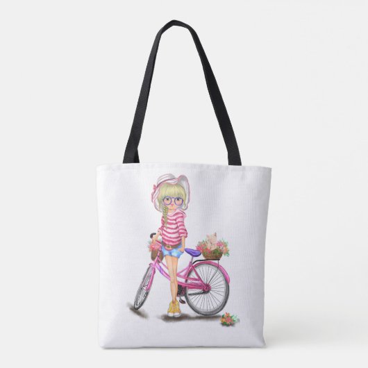 Meisje met roze fiets Canvas tas (Achterkant)