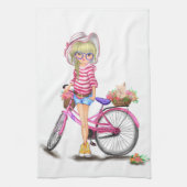 Meisje met Roze Fiets Keuken Handdoek (Verticaal)