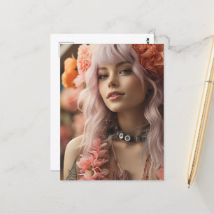 Meisje met roze haar & bloemen briefkaart