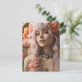 Meisje met roze haar & bloemen briefkaart (Staand voorkant)
