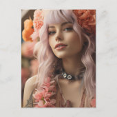 Meisje met roze haar & bloemen briefkaart (Voorkant)