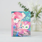 Meisje met roze haar in Kimono met Kawaii Cat Briefkaart (Staand voorkant)