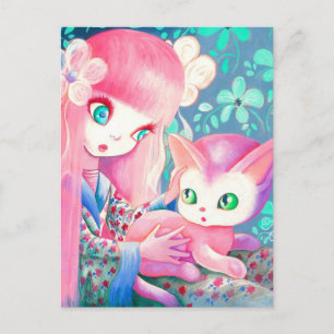 Meisje Met Roze Haar in Kimono Met Kawaii Kat Briefkaart