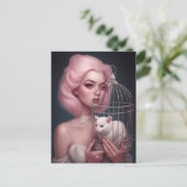 Meisje met roze haar witte kat in vogelkooi briefkaart (Staand voorkant)