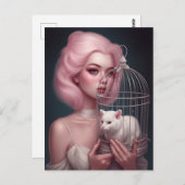 Meisje met roze haar witte kat in vogelkooi briefkaart (Voorkant / Achterkant)