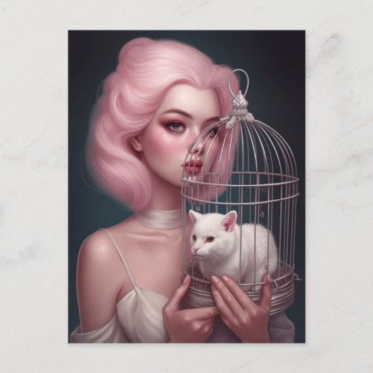 Meisje met roze haar witte kat in vogelkooi briefkaart (Voorkant)