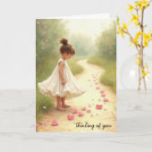 Meisje met roze harten die aan je denken kaart (Gele Bloem)