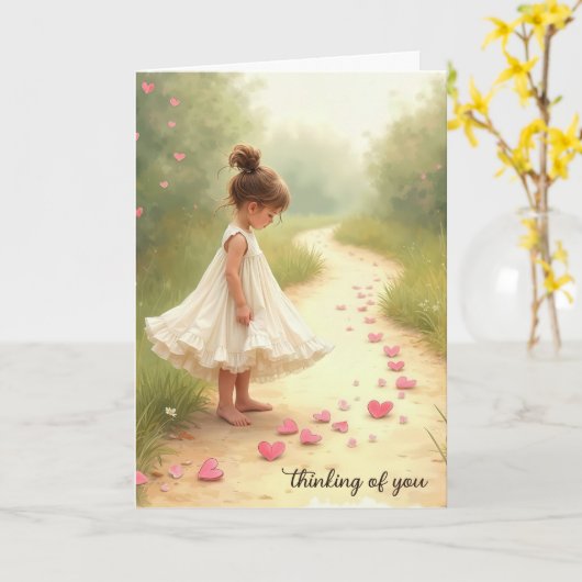 Meisje met roze harten die aan je denken kaart (Gele Bloem)