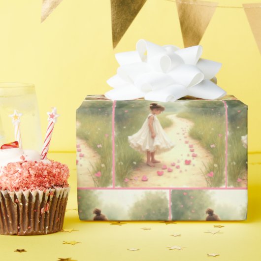 Meisje met roze hartjes op een onverharde weg cadeaupapier (Verjaardagsfeest)