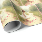 Meisje met roze hartjes op een onverharde weg cadeaupapier (Rol Hoek)