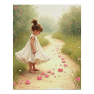 Meisje met roze hartjes op het onverharde pad perfect poster