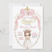 Meisje met roze lint bidt Spaanse Primera Comunion Kaart (Voorkant)