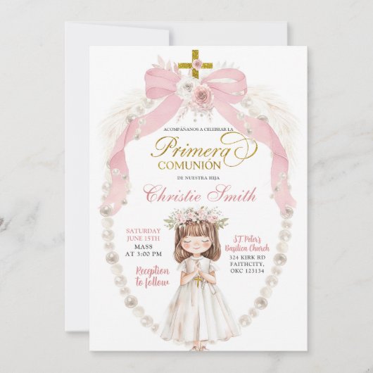 Meisje met roze lint bidt Spaanse Primera Comunion Kaart (Voorkant)