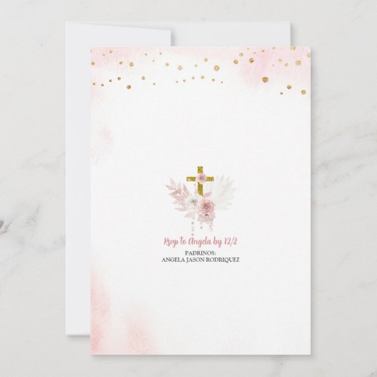 Meisje met roze lint bidt Spaanse Primera Comunion Kaart (Achterkant)