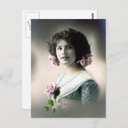 "Meisje met roze rozen"  Briefkaart (Voorkant / Achterkant)