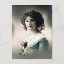 "Meisje met roze rozen"  Briefkaart