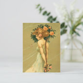   meisje met roze rozen en vlinder briefkaart (Staand voorkant)