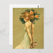   meisje met roze rozen en vlinder briefkaart (Voorkant / Achterkant)