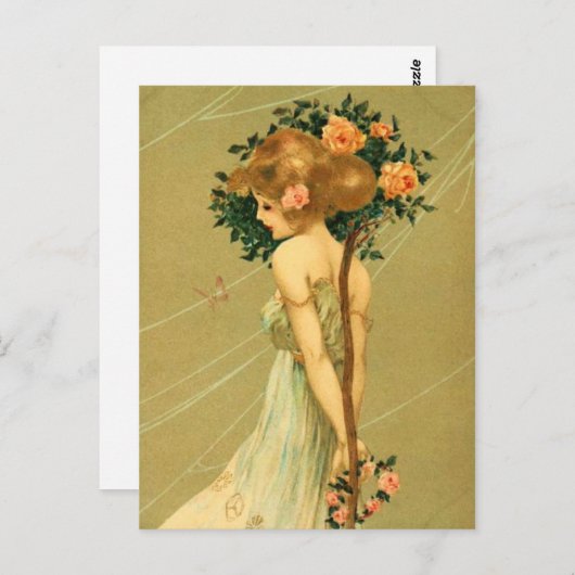 meisje met roze rozen en vlinder briefkaart (Voorkant / Achterkant)