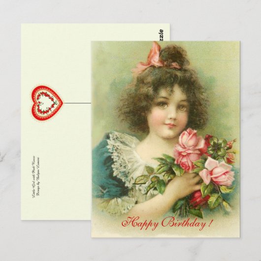 Meisje met roze rozen verjaardag briefkaart (Voorkant / Achterkant)