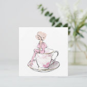 Meisje met roze spoelroze teacup feestdagenkaart (Staand voorkant)