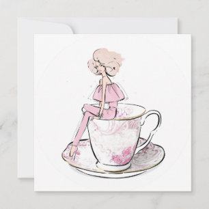 Meisje met roze spoelroze teacup feestdagenkaart