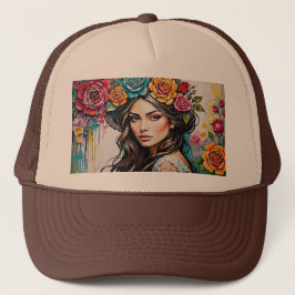 Meisje met Rozen en Paint Drips Bloemen Trucker Pet