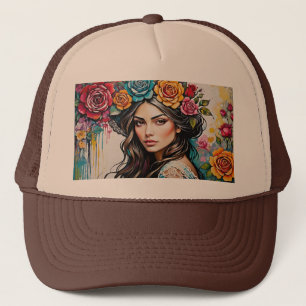  Meisje met Rozen en Paint Drips Bloemen Trucker Pet