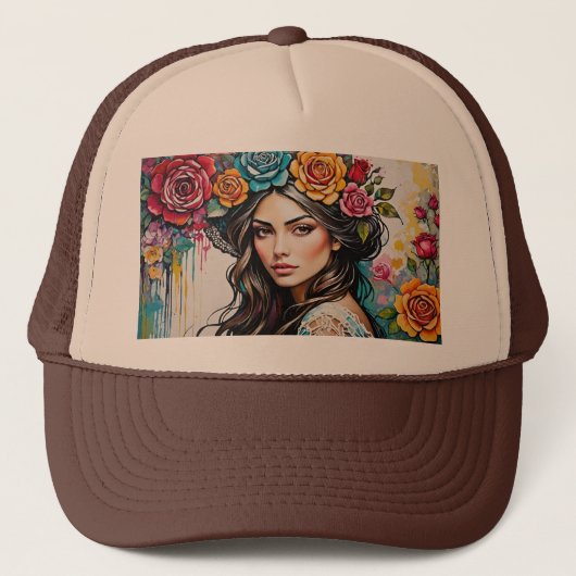  Meisje met Rozen en Paint Drips Bloemen Trucker Pet (Voorkant)