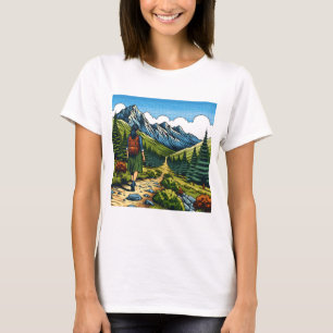 Meisje met rugzak wandelt op een natuurpad t-shirt