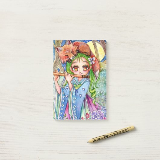 Meisje met Sleepy Fox Post-it® Notes (Op bureau)