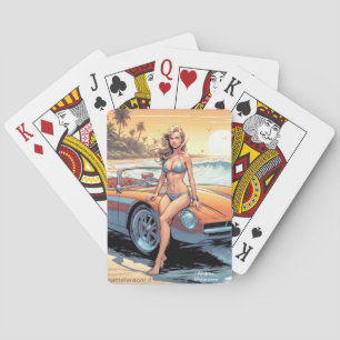 Meisje met sportwagen pokerkaarten