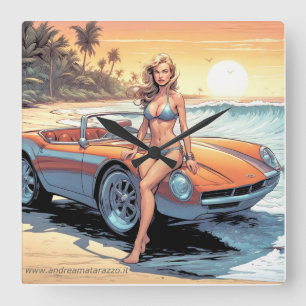 Meisje met sportwagen vierkante klok