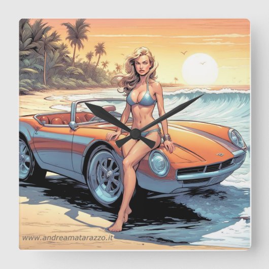 Meisje met sportwagen vierkante klok (Voorkant)