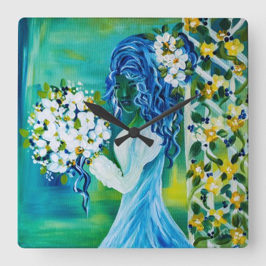 Meisje met Spring Bouquet Vierkante Klok (Voorkant)