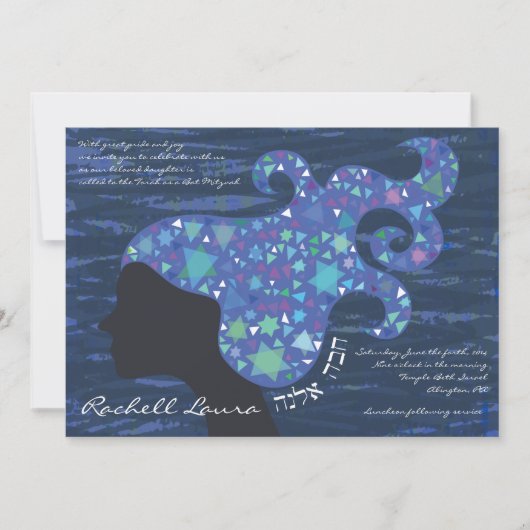 Meisje met sterren in Hair Bat Mitzvah Uitnodiging (Voorkant)