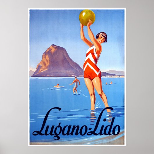 Meisje met strandbal op het Lugano-meer in Zwitser Poster (Voorkant)
