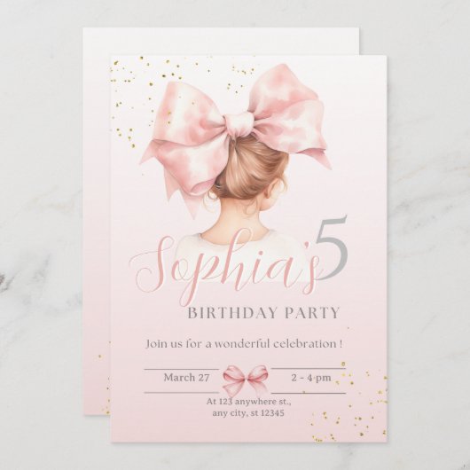 Meisje met strik verjaardagsuitnodiging Preppy fee Kaart (Voorkant / Achterkant)