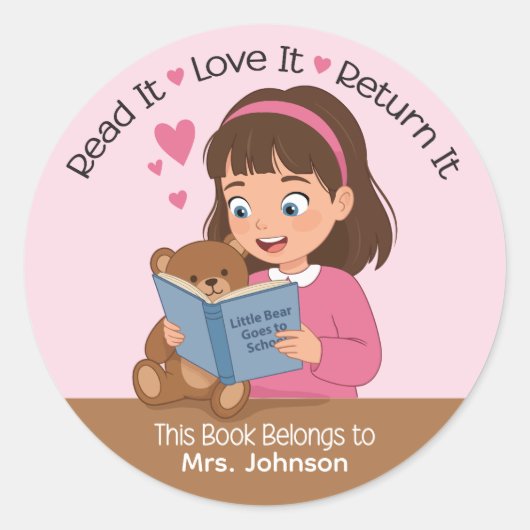 Meisje met Teddy Bear Docent Bibliotheek Boekplaat Ronde Sticker (Voorkant)