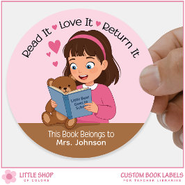 Meisje met Teddy Bear Docent Bibliotheek Boekplaat Ronde Sticker