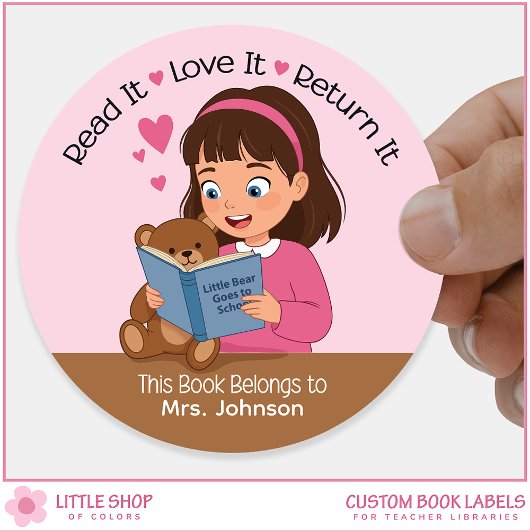 Meisje met Teddy Bear Docent Bibliotheek Boekplaat Ronde Sticker