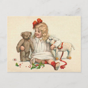 Meisje met Teddy en Lamb Briefkaart